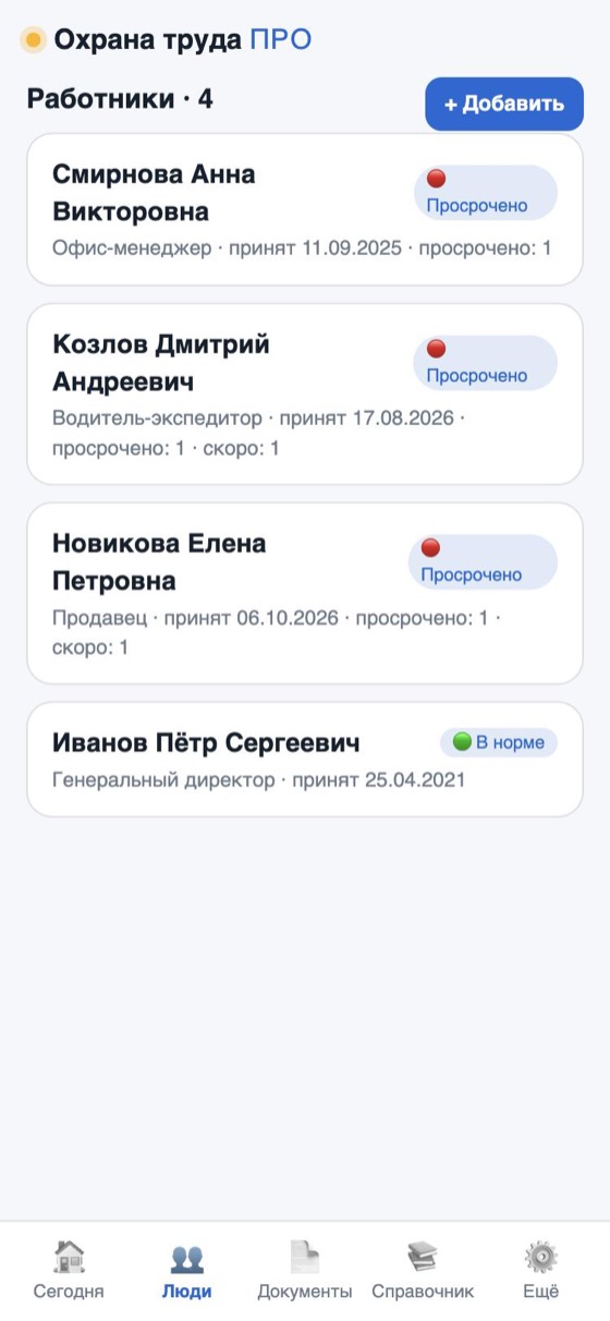 Список работников и их статусы